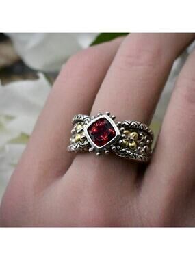 Barbara Bixby 18k Gold Sterling Silver Cushion Red Garnet Zig Zag Ring Size 8